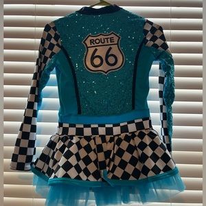 Blue race car dance costume with blue scrunchie